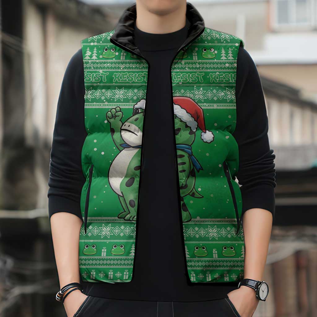 Funny Christmas Portland Frog Protest Sleeveless Puffer Jacket Merry Frog-mas - Wonder Print Shop