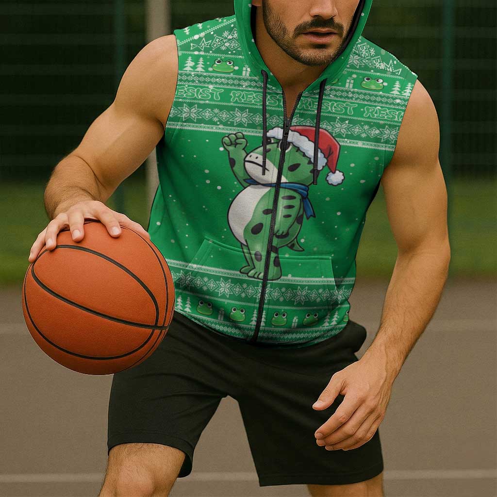 Funny Christmas Portland Frog Protest Sleeveless Zip Hoodie Merry Frog-mas - Wonder Print Shop