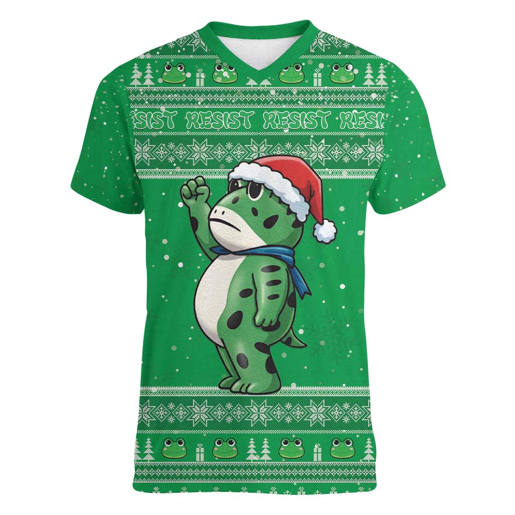 Funny Christmas Portland Frog Protest Women V-Neck T-Shirt Merry Frog-mas - Wonder Print Shop