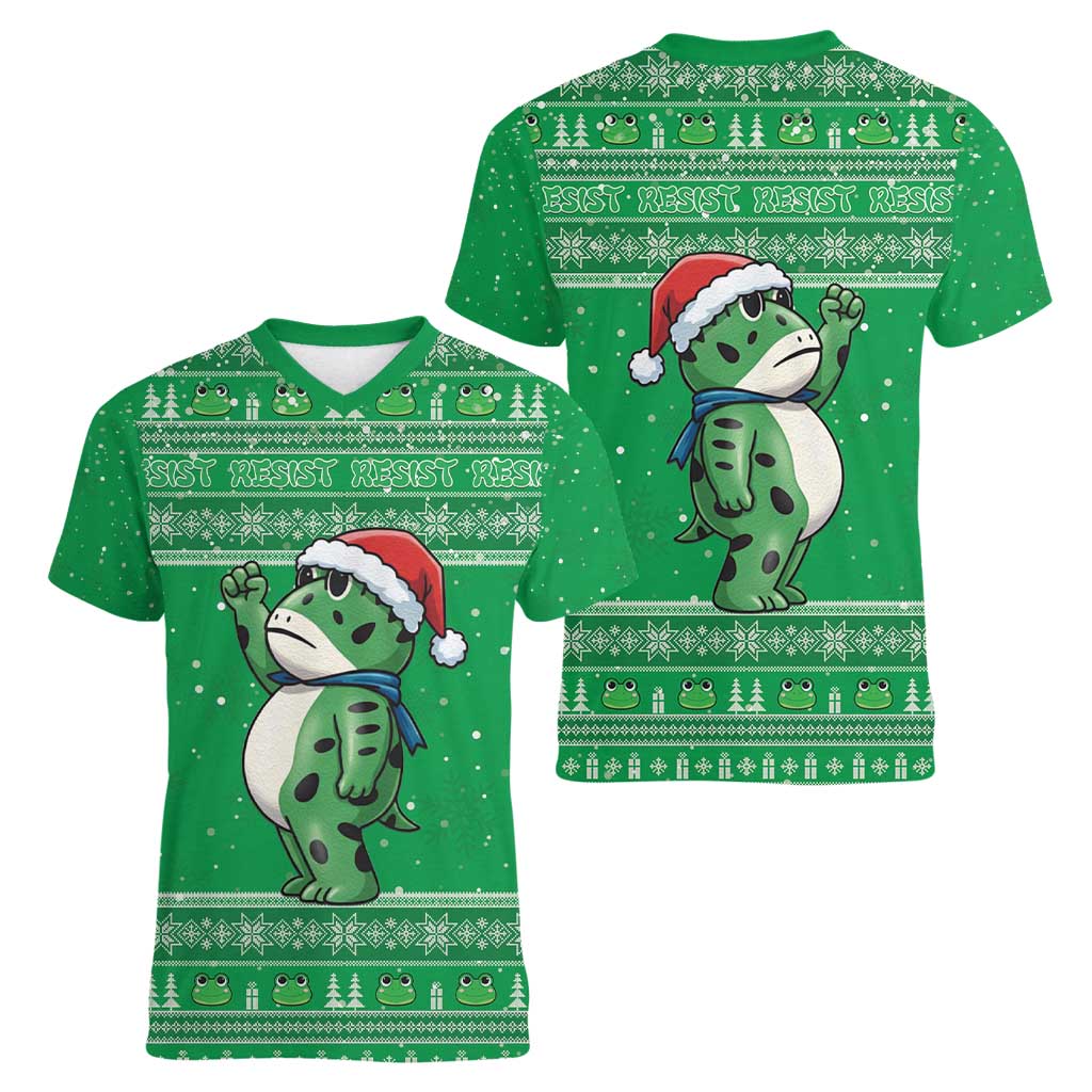 Funny Christmas Portland Frog Protest Women V-Neck T-Shirt Merry Frog-mas - Wonder Print Shop