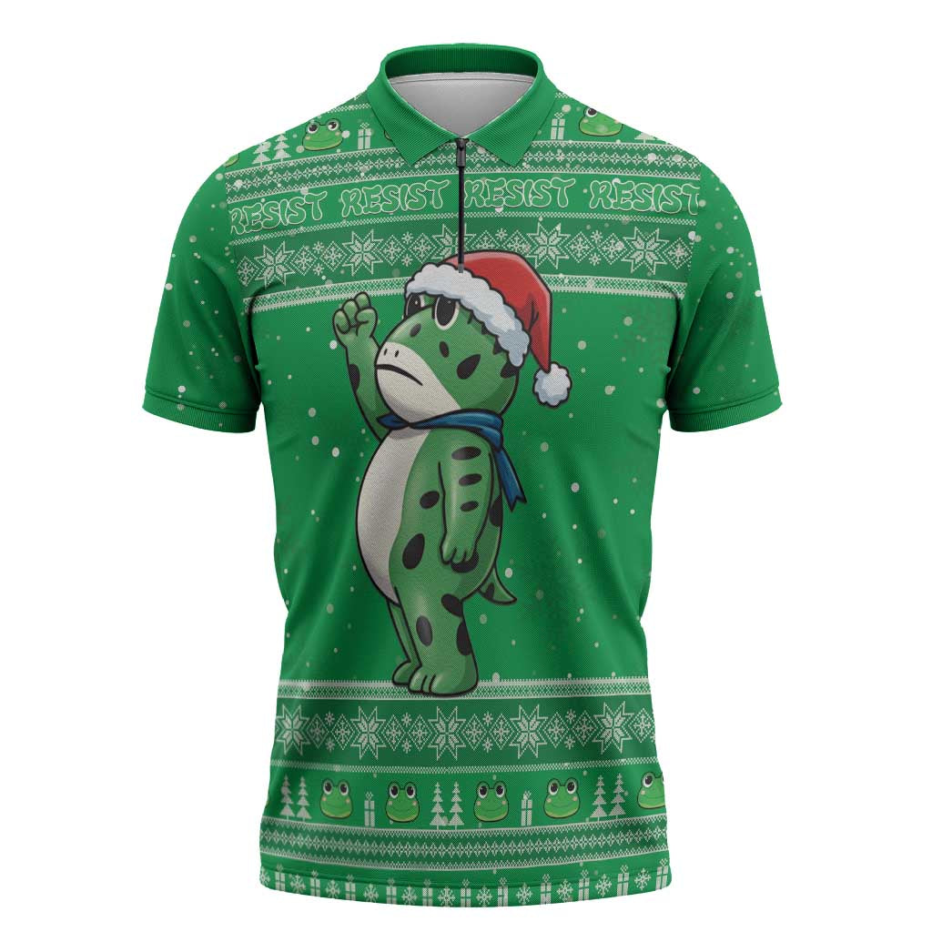 Funny Christmas Portland Frog Protest Zipper Polo Shirt Merry Frog-mas - Wonder Print Shop