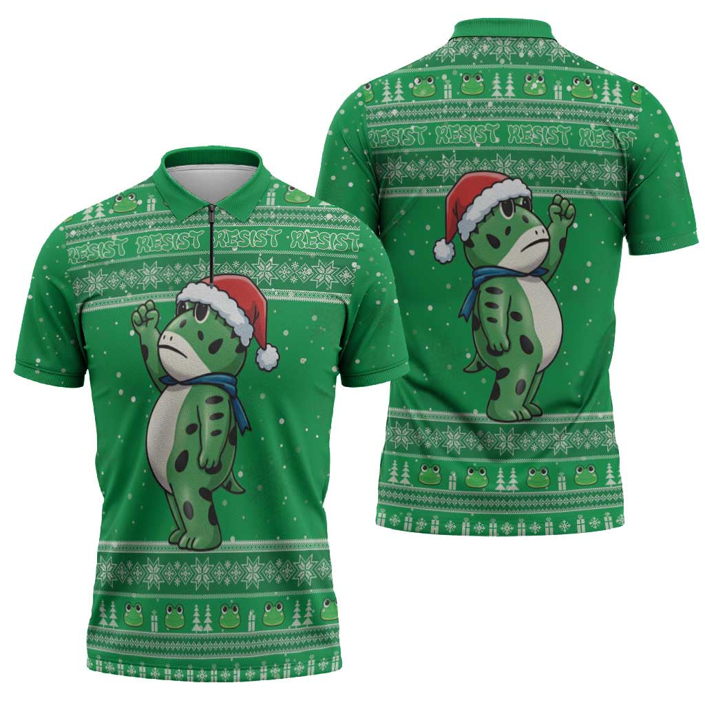 Funny Christmas Portland Frog Protest Zipper Polo Shirt Merry Frog-mas - Wonder Print Shop
