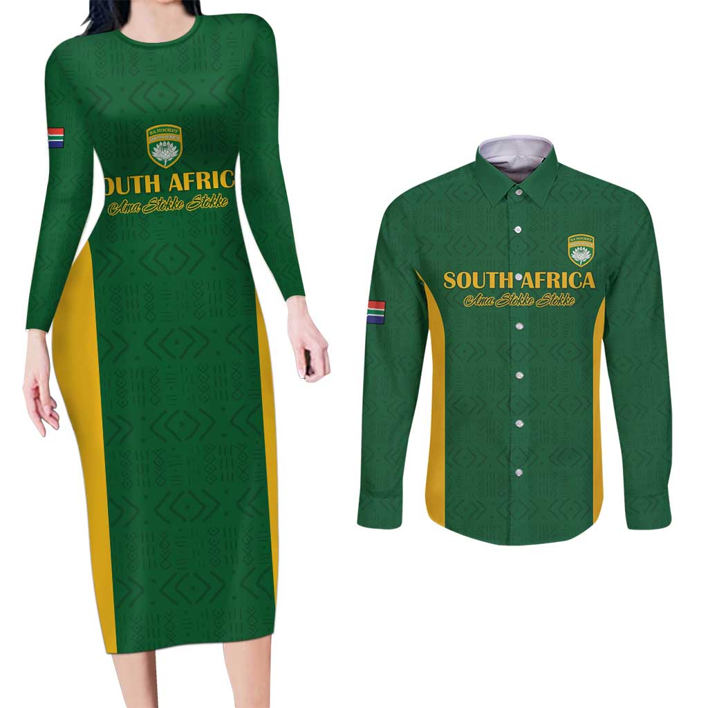 South Africa Hockey Custom Couples Matching Long Sleeve Bodycon Dress and Long Sleeve Button Shirt Go Ama Stokke Stokke Go - Wonder Print Shop