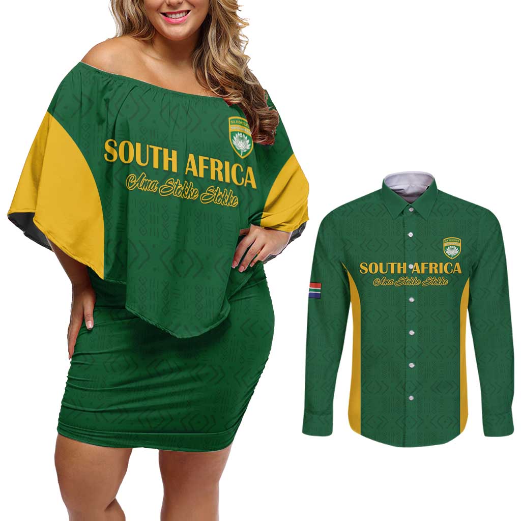 South Africa Hockey Custom Couples Matching Off Shoulder Short Dress and Long Sleeve Button Shirt Go Ama Stokke Stokke Go - Wonder Print Shop