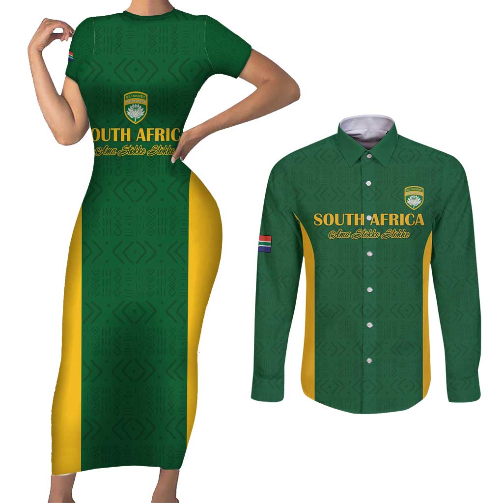 South Africa Hockey Custom Couples Matching Short Sleeve Bodycon Dress and Long Sleeve Button Shirt Go Ama Stokke Stokke Go - Wonder Print Shop