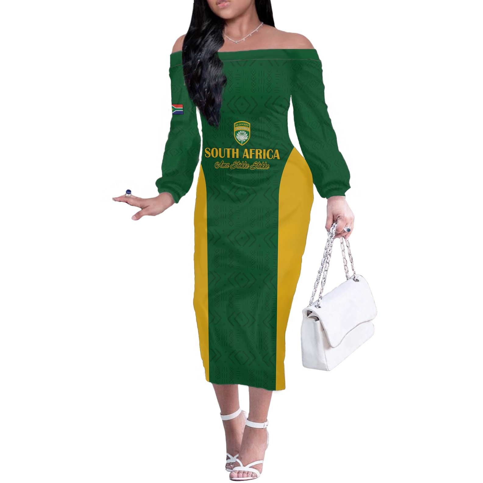 South Africa Hockey Custom Off The Shoulder Long Sleeve Dress Go Ama Stokke Stokke Go - Wonder Print Shop