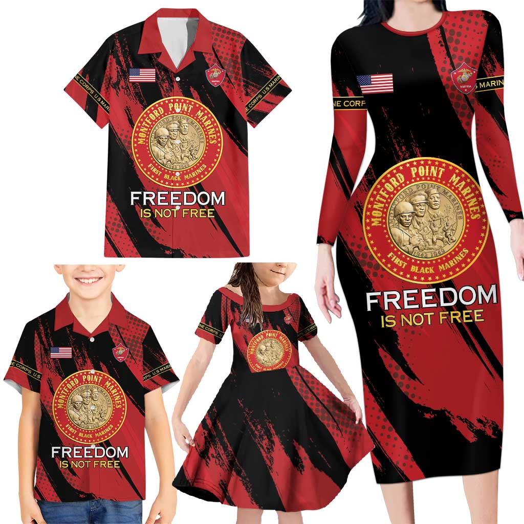 Personalized Proud to Honor Montford Point Marines Family Matching Long Sleeve Bodycon Dress and Hawaiian Shirt Freedom Is Not Free - Red - Wonder Print Shop