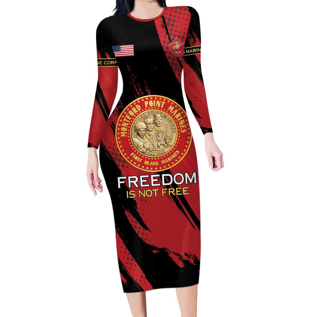 Personalized Proud to Honor Montford Point Marines Family Matching Long Sleeve Bodycon Dress and Hawaiian Shirt Freedom Is Not Free - Red - Wonder Print Shop