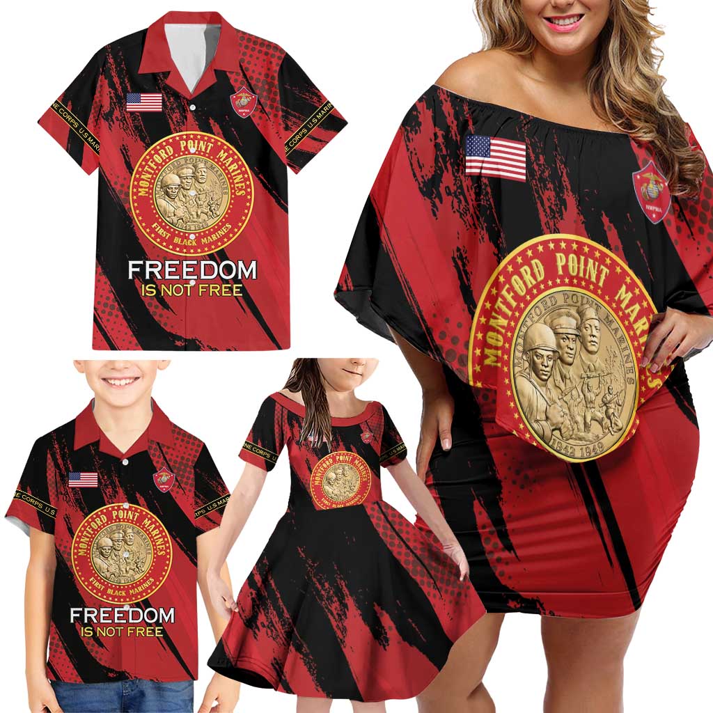 Personalized Proud to Honor Montford Point Marines Family Matching Off Shoulder Short Dress and Hawaiian Shirt Freedom Is Not Free - Red - Wonder Print Shop
