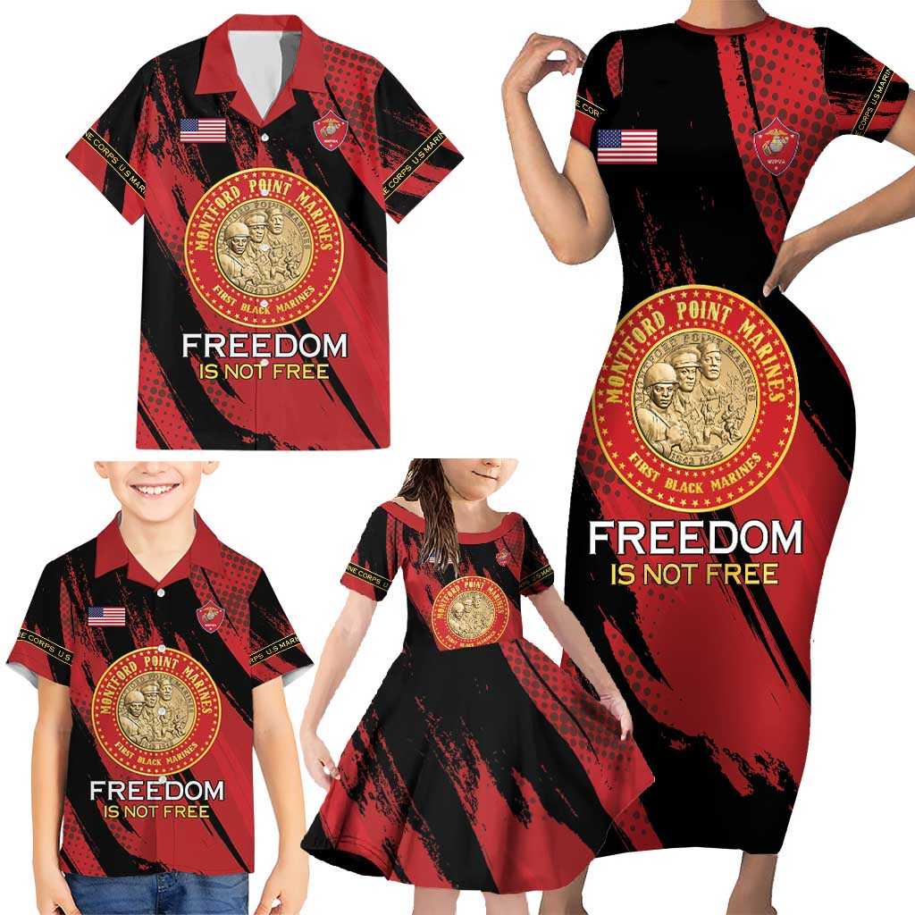 Personalized Proud to Honor Montford Point Marines Family Matching Short Sleeve Bodycon Dress and Hawaiian Shirt Freedom Is Not Free - Red - Wonder Print Shop