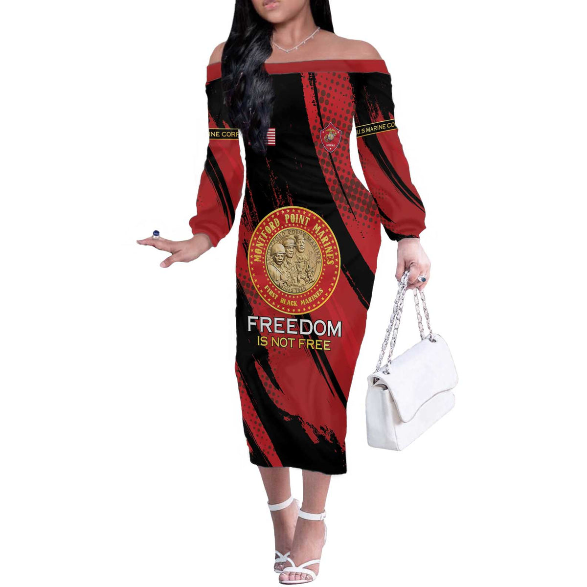 Personalized Proud to Honor Montford Point Marines Off The Shoulder Long Sleeve Dress Freedom Is Not Free - Red - Wonder Print Shop