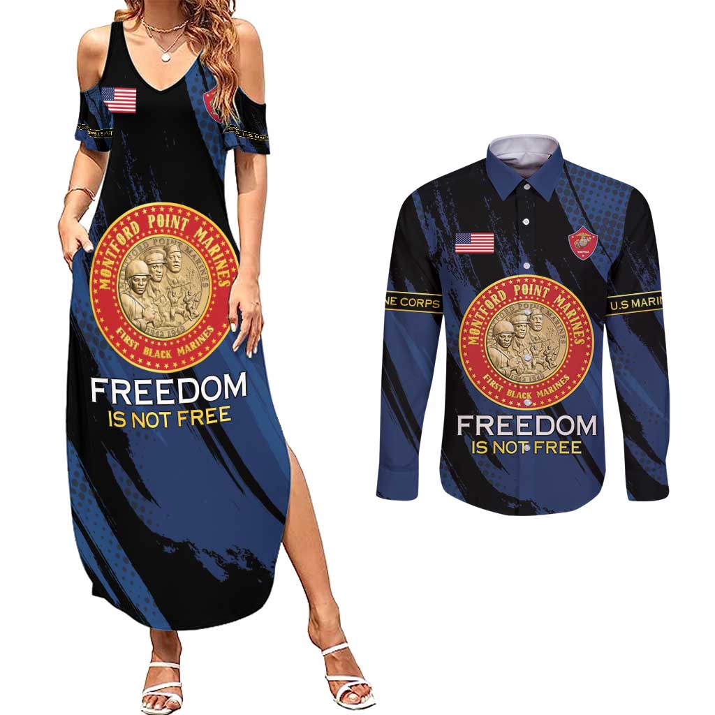 Personalized Proud to Honor Montford Point Marines Couples Matching Summer Maxi Dress and Long Sleeve Button Shirt Freedom Is Not Free - Blue - Wonder Print Shop