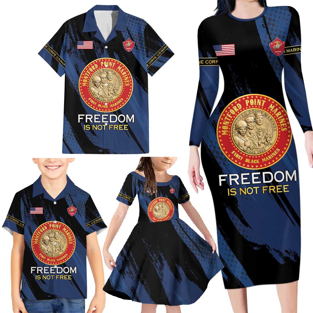 Personalized Proud to Honor Montford Point Marines Family Matching Long Sleeve Bodycon Dress and Hawaiian Shirt Freedom Is Not Free - Blue - Wonder Print Shop
