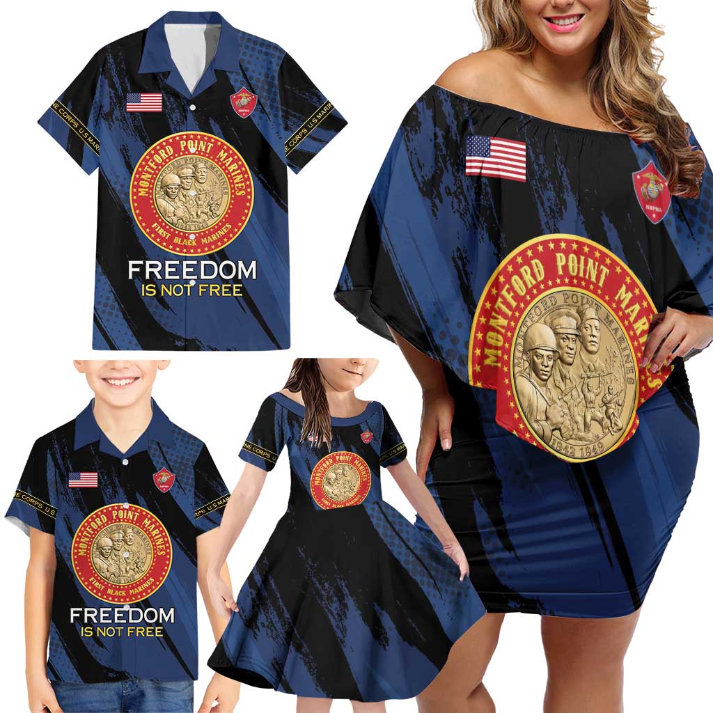 Personalized Proud to Honor Montford Point Marines Family Matching Off Shoulder Short Dress and Hawaiian Shirt Freedom Is Not Free - Blue - Wonder Print Shop