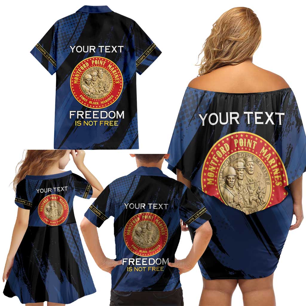 Personalized Proud to Honor Montford Point Marines Family Matching Off Shoulder Short Dress and Hawaiian Shirt Freedom Is Not Free - Blue - Wonder Print Shop
