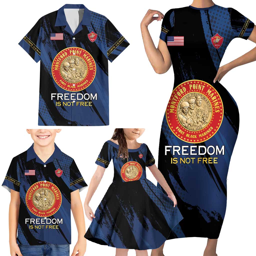 Personalized Proud to Honor Montford Point Marines Family Matching Short Sleeve Bodycon Dress and Hawaiian Shirt Freedom Is Not Free - Blue - Wonder Print Shop