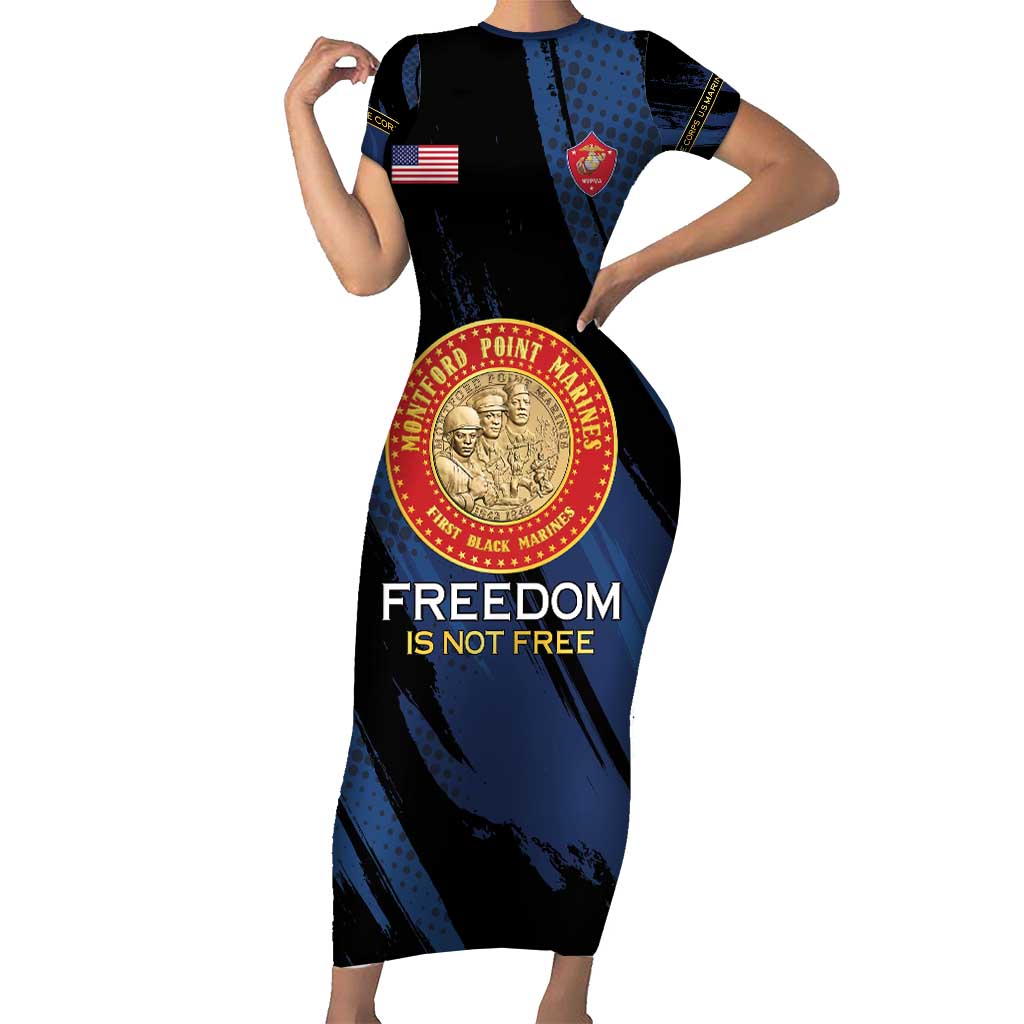 Personalized Proud to Honor Montford Point Marines Family Matching Short Sleeve Bodycon Dress and Hawaiian Shirt Freedom Is Not Free - Blue - Wonder Print Shop