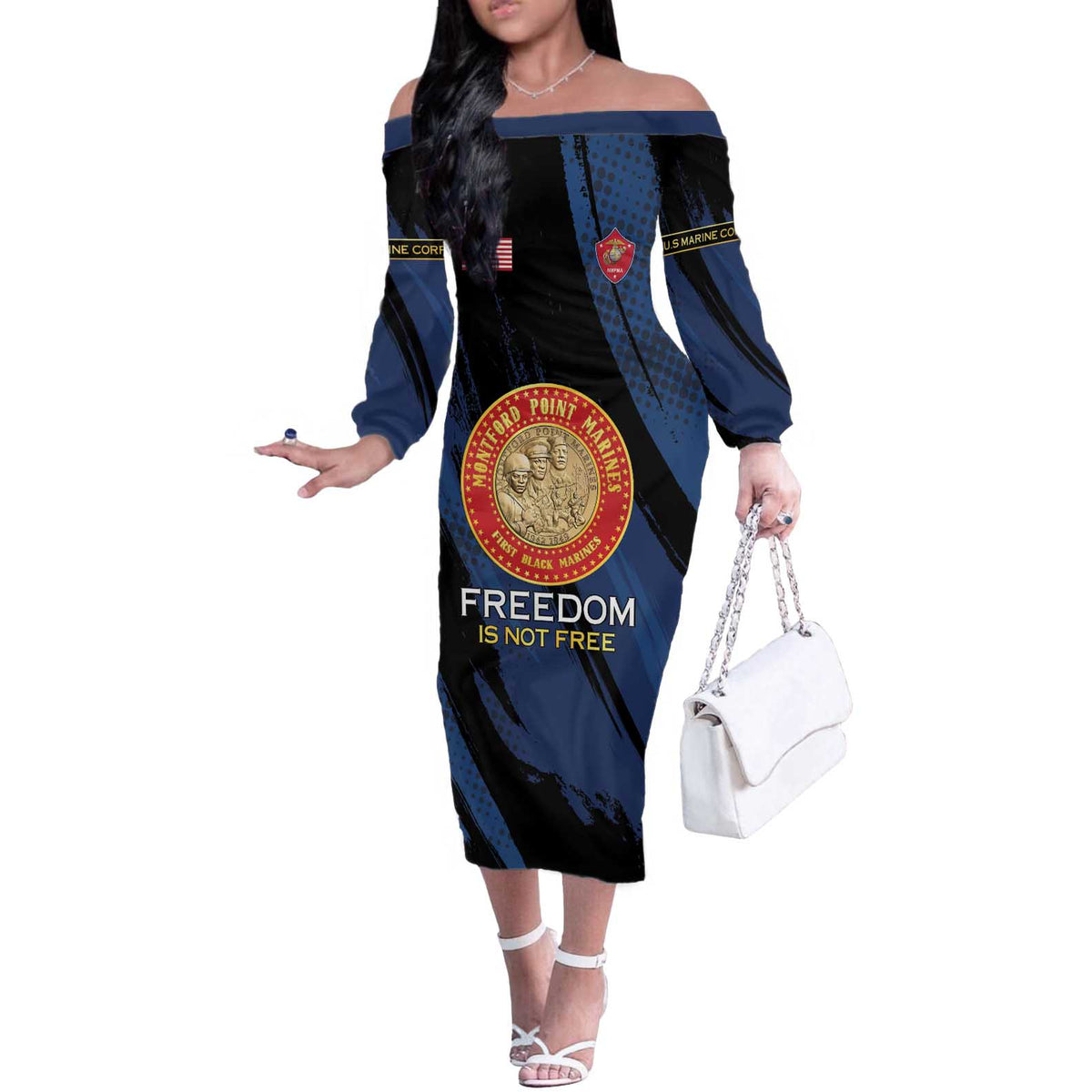 Personalized Proud to Honor Montford Point Marines Off The Shoulder Long Sleeve Dress Freedom Is Not Free - Blue - Wonder Print Shop