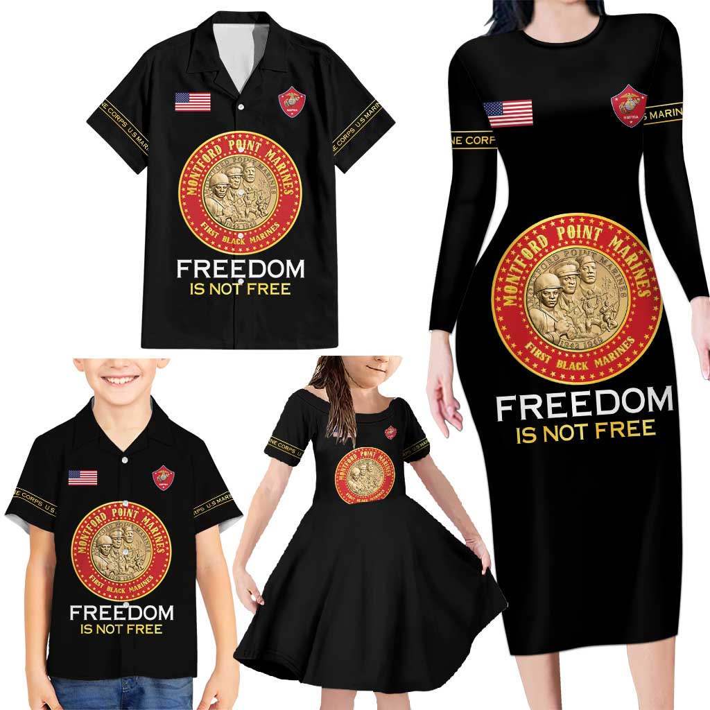 Personalized Proud to Honor Montford Point Marines Family Matching Long Sleeve Bodycon Dress and Hawaiian Shirt Freedom Is Not Free - Black - Wonder Print Shop