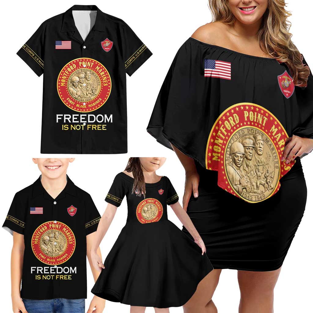 Personalized Proud to Honor Montford Point Marines Family Matching Off Shoulder Short Dress and Hawaiian Shirt Freedom Is Not Free - Black - Wonder Print Shop