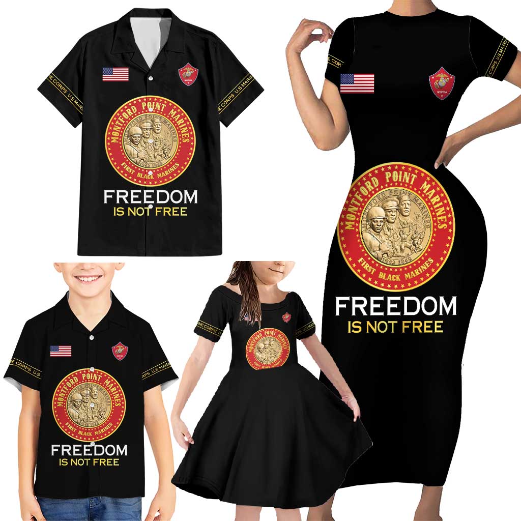 Personalized Proud to Honor Montford Point Marines Family Matching Short Sleeve Bodycon Dress and Hawaiian Shirt Freedom Is Not Free - Black - Wonder Print Shop