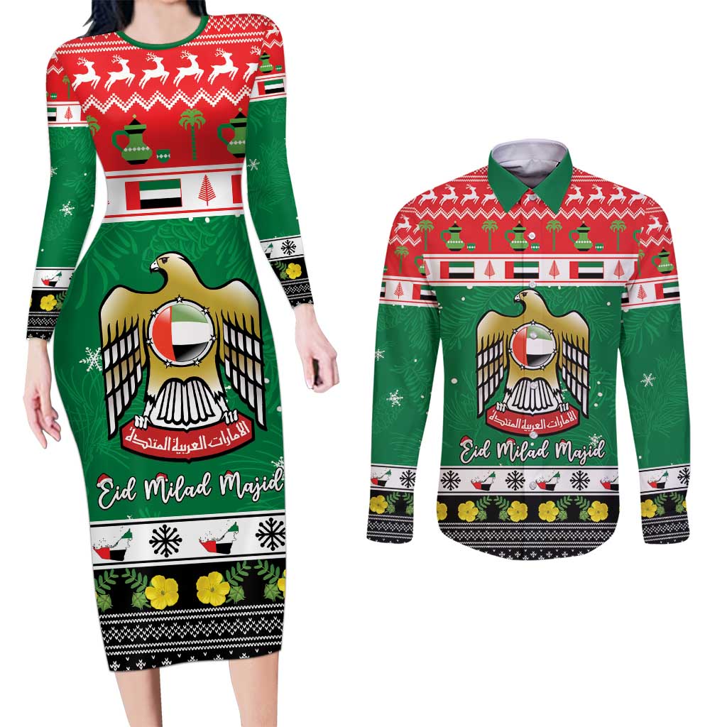 United Arab Emirates Christmas Couples Matching Long Sleeve Bodycon Dress and Long Sleeve Button Shirt Coat Of Arms Eid Milad Majid - Wonder Print Shop