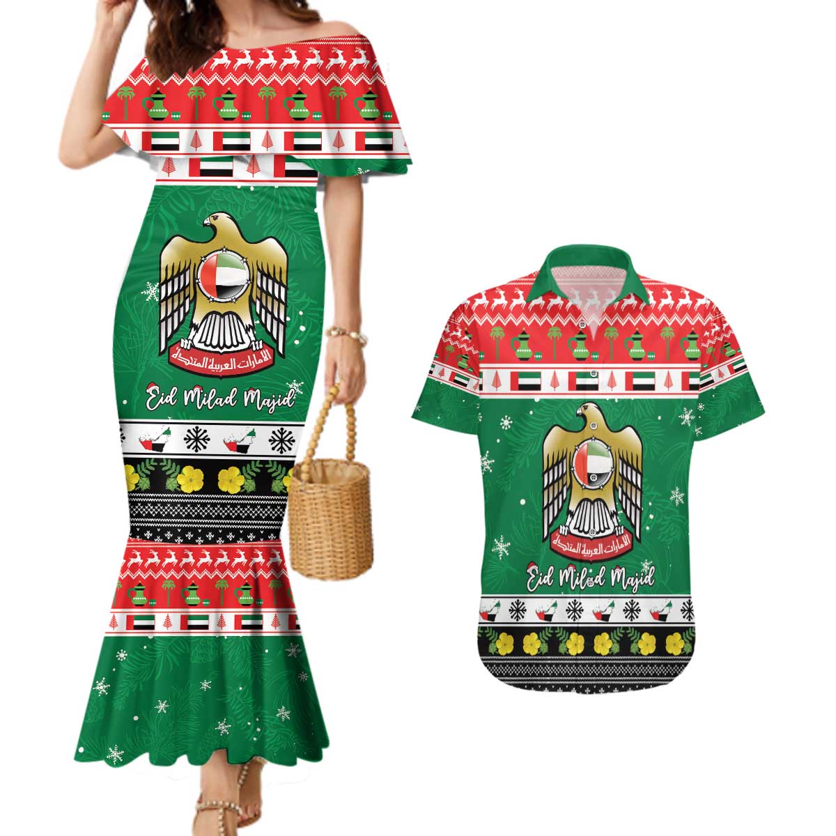 United Arab Emirates Christmas Couples Matching Mermaid Dress and Hawaiian Shirt Coat Of Arms Eid Milad Majid - Wonder Print Shop