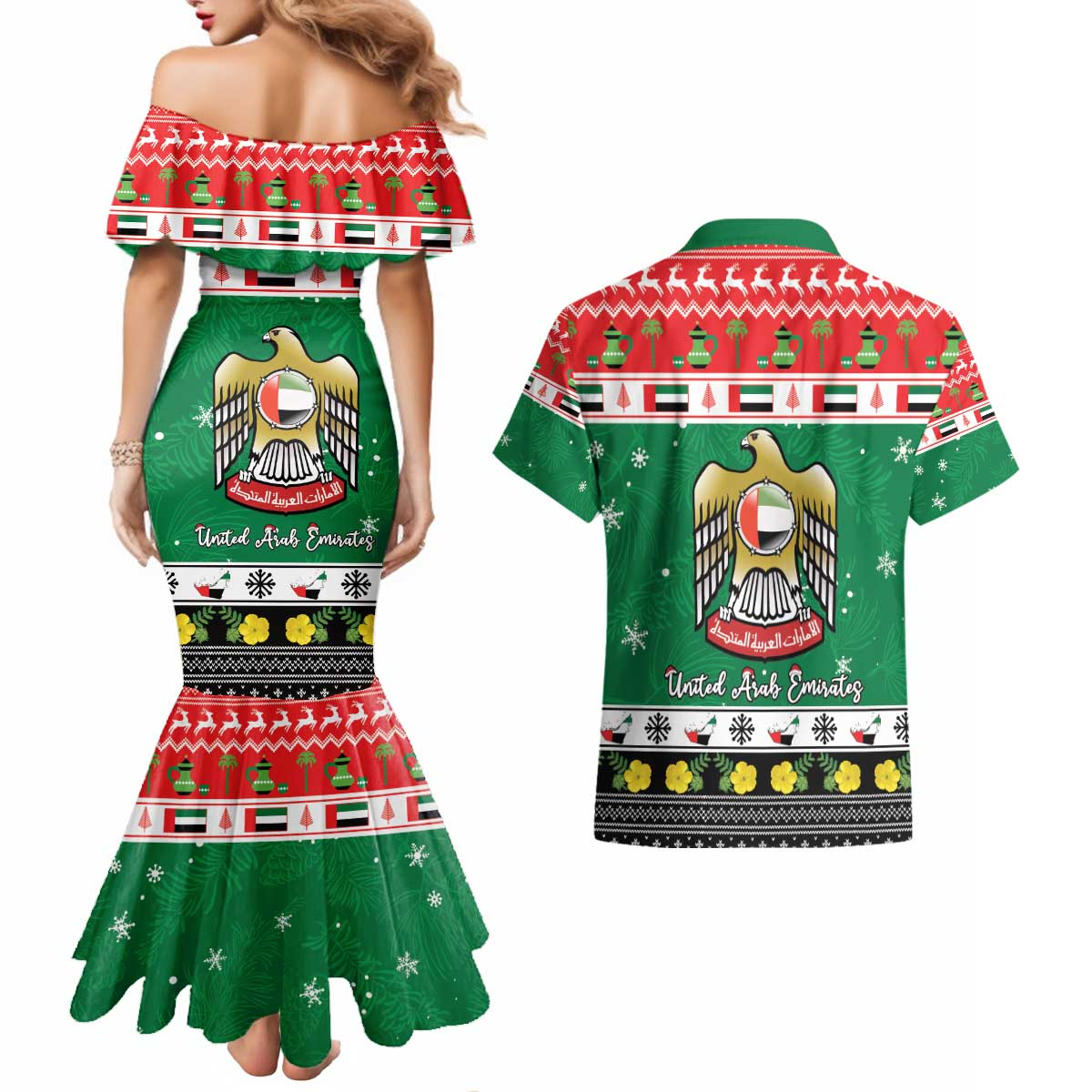 United Arab Emirates Christmas Couples Matching Mermaid Dress and Hawaiian Shirt Coat Of Arms Eid Milad Majid - Wonder Print Shop