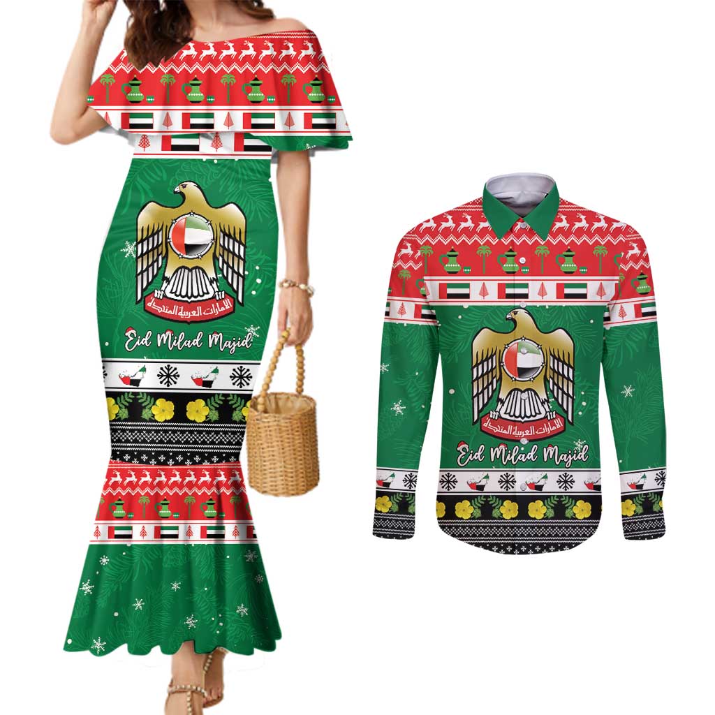 United Arab Emirates Christmas Couples Matching Mermaid Dress and Long Sleeve Button Shirt Coat Of Arms Eid Milad Majid