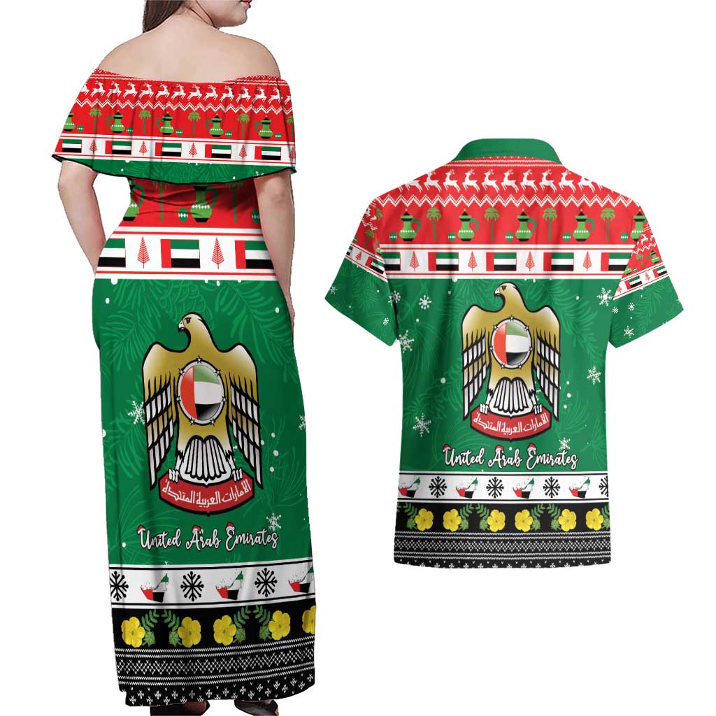 United Arab Emirates Christmas Couples Matching Off Shoulder Maxi Dress and Hawaiian Shirt Coat Of Arms Eid Milad Majid - Wonder Print Shop