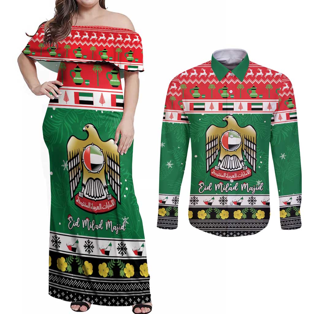 United Arab Emirates Christmas Couples Matching Off Shoulder Maxi Dress and Long Sleeve Button Shirt Coat Of Arms Eid Milad Majid - Wonder Print Shop