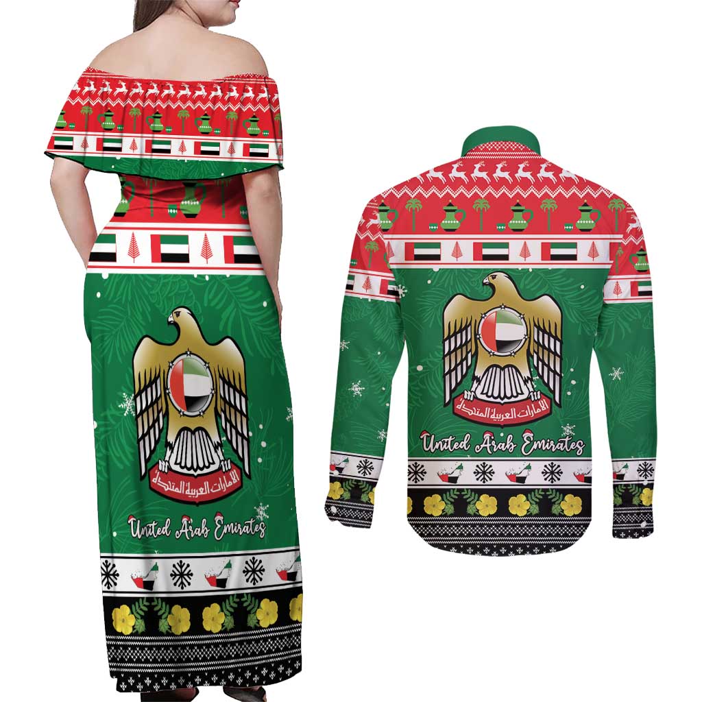 United Arab Emirates Christmas Couples Matching Off Shoulder Maxi Dress and Long Sleeve Button Shirt Coat Of Arms Eid Milad Majid - Wonder Print Shop