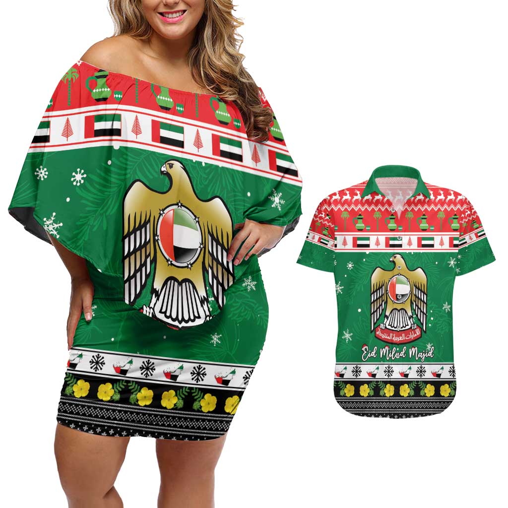 United Arab Emirates Christmas Couples Matching Off Shoulder Short Dress and Hawaiian Shirt Coat Of Arms Eid Milad Majid - Wonder Print Shop