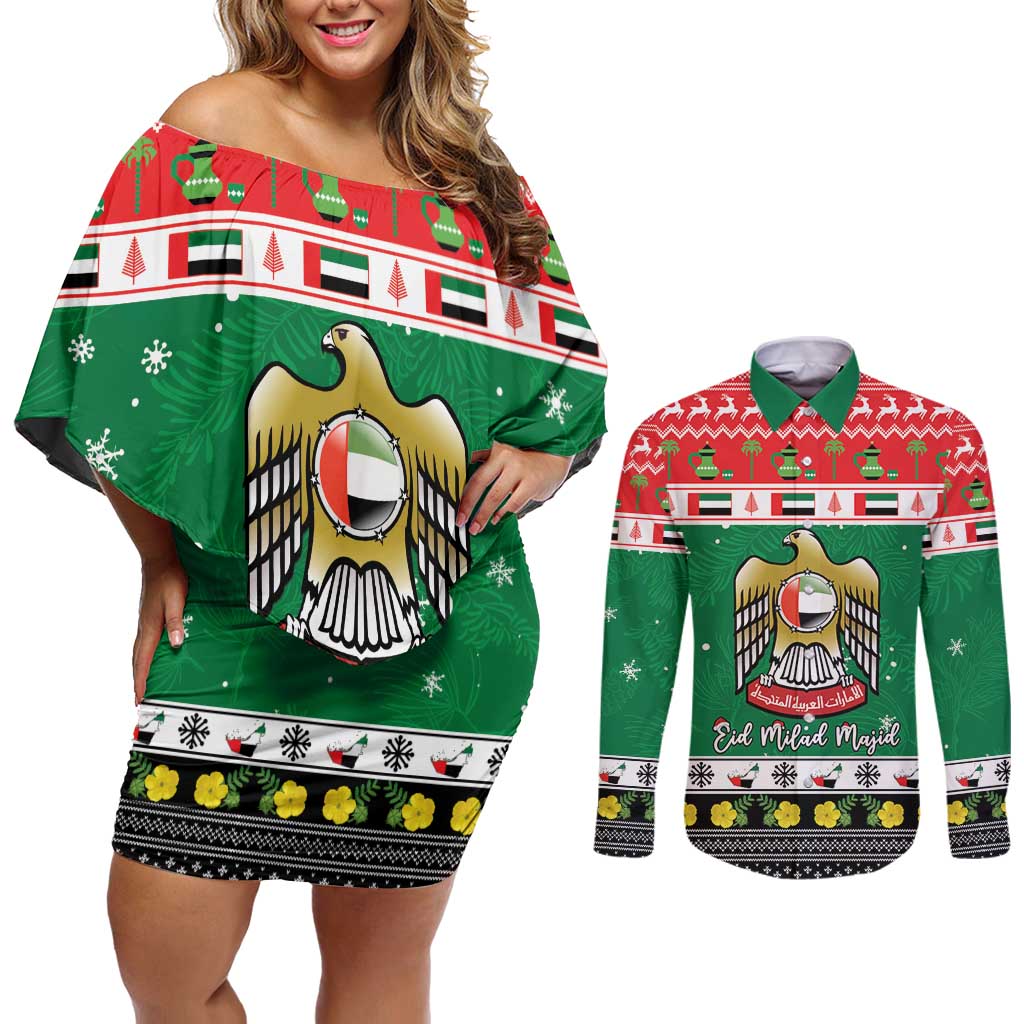United Arab Emirates Christmas Couples Matching Off Shoulder Short Dress and Long Sleeve Button Shirt Coat Of Arms Eid Milad Majid - Wonder Print Shop