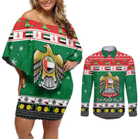 United Arab Emirates Christmas Couples Matching Off Shoulder Short Dress and Long Sleeve Button Shirt Coat Of Arms Eid Milad Majid - Wonder Print Shop
