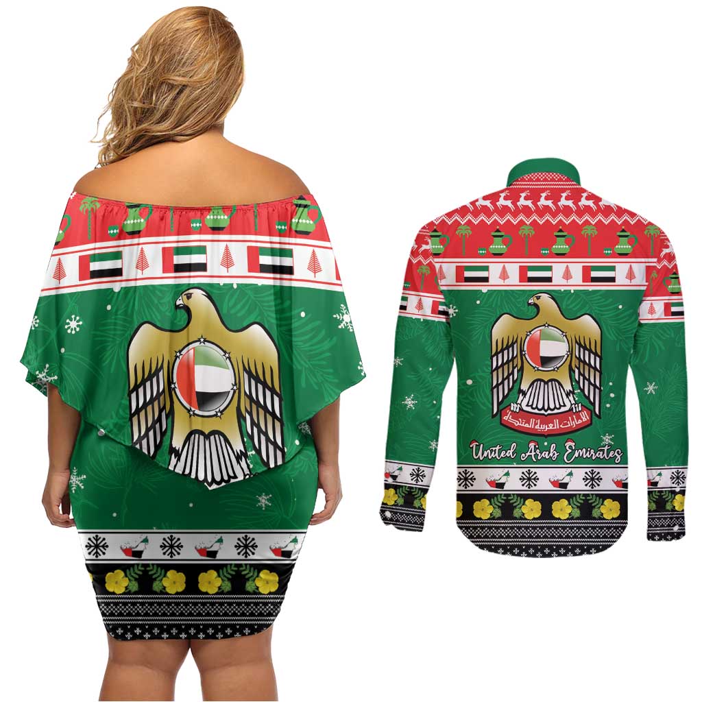 United Arab Emirates Christmas Couples Matching Off Shoulder Short Dress and Long Sleeve Button Shirt Coat Of Arms Eid Milad Majid - Wonder Print Shop