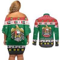 United Arab Emirates Christmas Couples Matching Off Shoulder Short Dress and Long Sleeve Button Shirt Coat Of Arms Eid Milad Majid - Wonder Print Shop