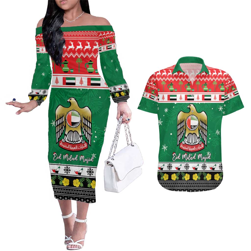 United Arab Emirates Christmas Couples Matching Off The Shoulder Long Sleeve Dress and Hawaiian Shirt Coat Of Arms Eid Milad Majid - Wonder Print Shop