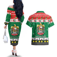 United Arab Emirates Christmas Couples Matching Off The Shoulder Long Sleeve Dress and Hawaiian Shirt Coat Of Arms Eid Milad Majid - Wonder Print Shop