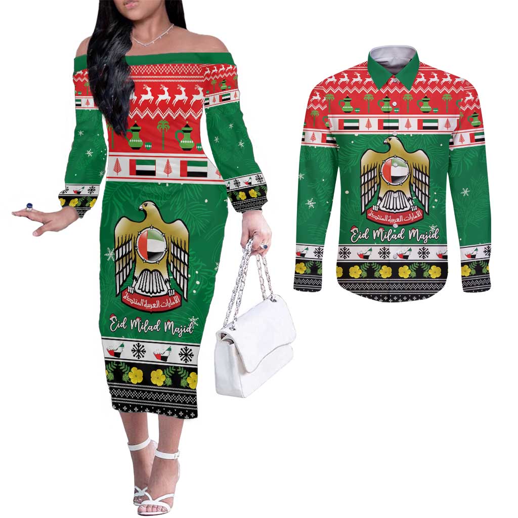 United Arab Emirates Christmas Couples Matching Off The Shoulder Long Sleeve Dress and Long Sleeve Button Shirt Coat Of Arms Eid Milad Majid