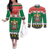 United Arab Emirates Christmas Couples Matching Off The Shoulder Long Sleeve Dress and Long Sleeve Button Shirt Coat Of Arms Eid Milad Majid