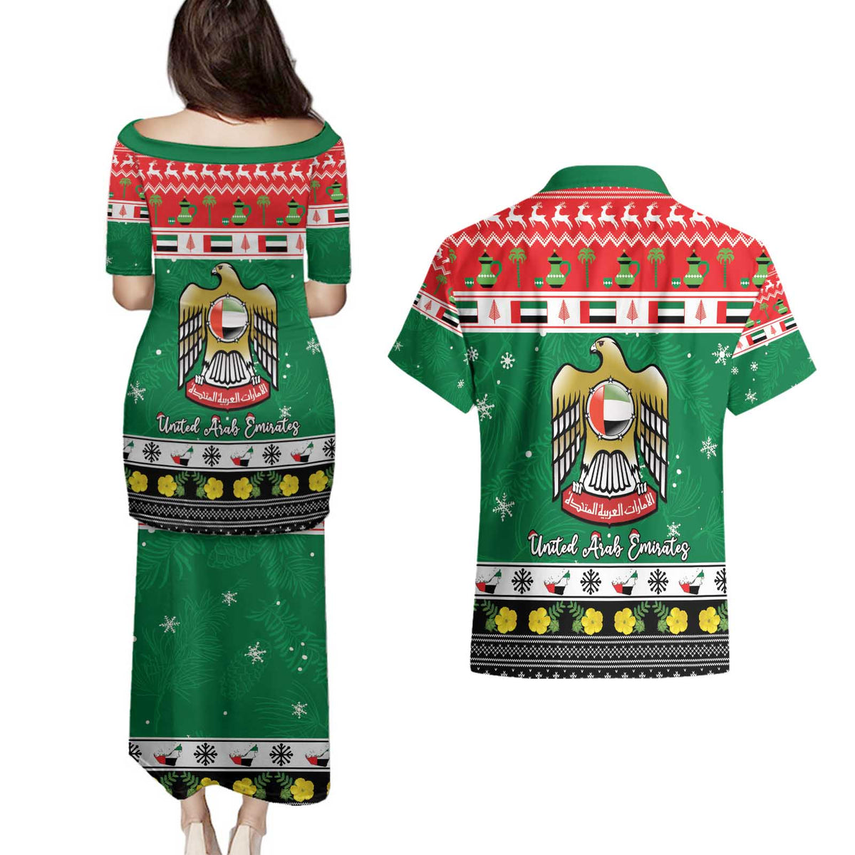 United Arab Emirates Christmas Couples Matching Puletasi and Hawaiian Shirt Coat Of Arms Eid Milad Majid - Wonder Print Shop