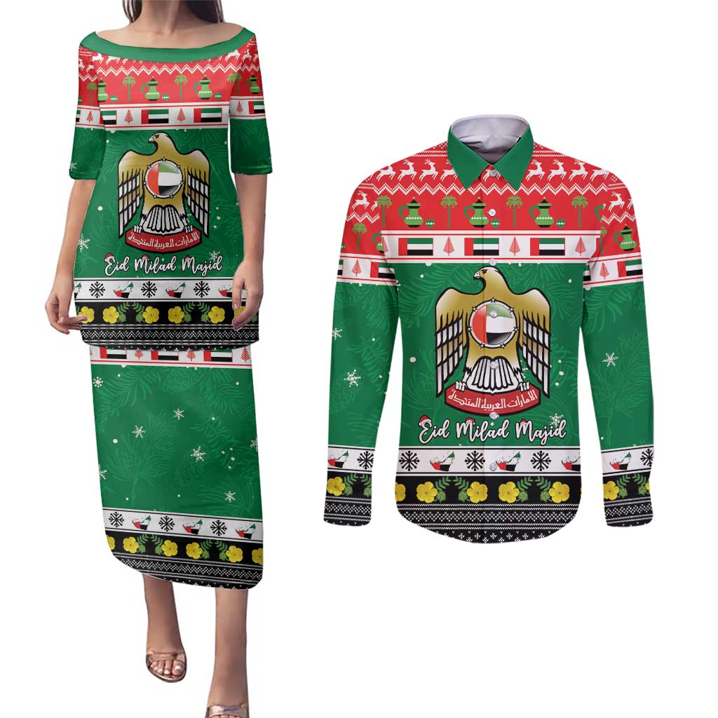 United Arab Emirates Christmas Couples Matching Puletasi and Long Sleeve Button Shirt Coat Of Arms Eid Milad Majid - Wonder Print Shop