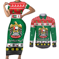 United Arab Emirates Christmas Couples Matching Short Sleeve Bodycon Dress and Long Sleeve Button Shirt Coat Of Arms Eid Milad Majid - Wonder Print Shop