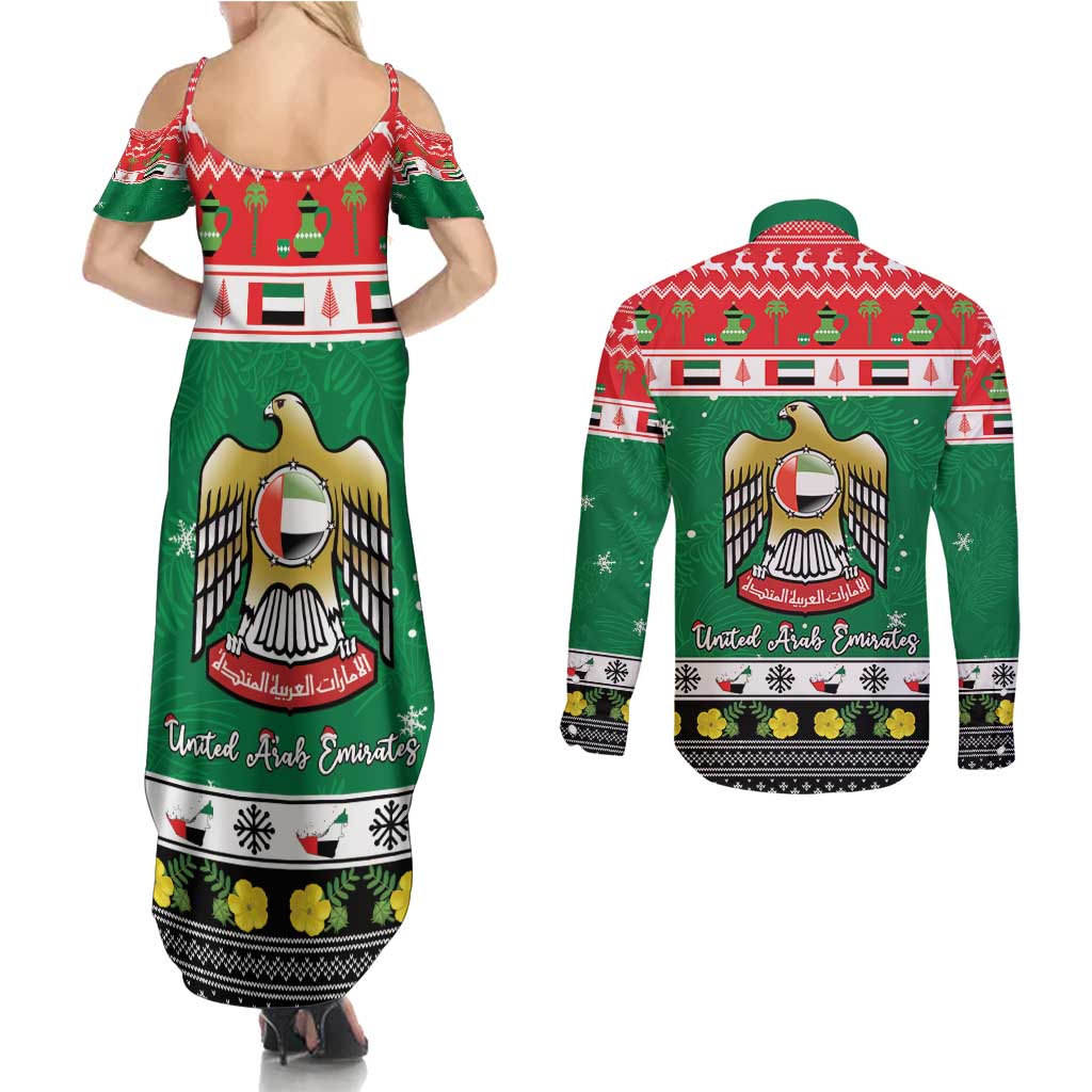 United Arab Emirates Christmas Couples Matching Summer Maxi Dress and Long Sleeve Button Shirt Coat Of Arms Eid Milad Majid - Wonder Print Shop