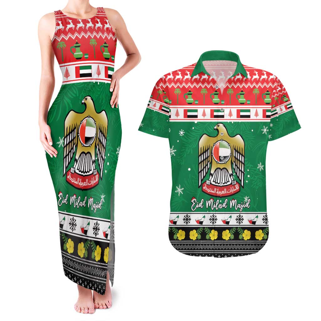 United Arab Emirates Christmas Couples Matching Tank Maxi Dress and Hawaiian Shirt Coat Of Arms Eid Milad Majid - Wonder Print Shop