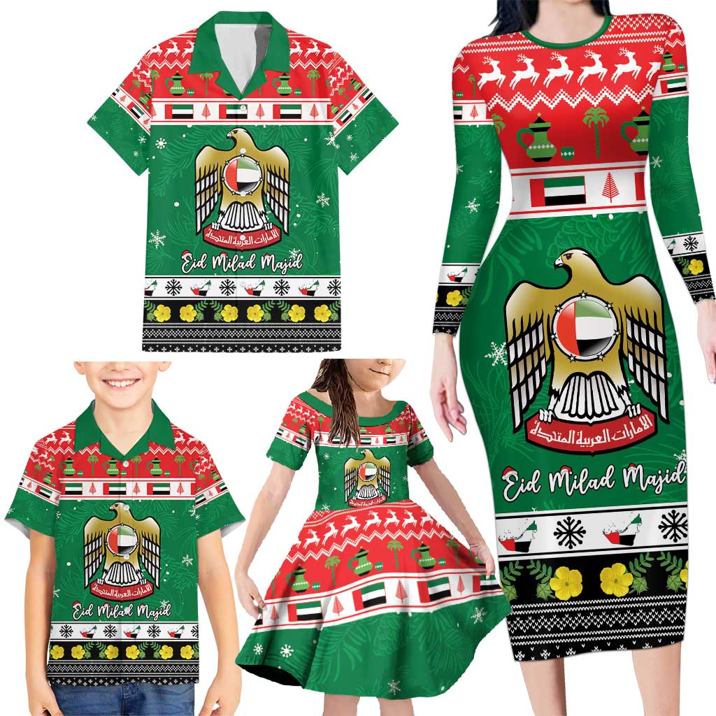 United Arab Emirates Christmas Family Matching Long Sleeve Bodycon Dress and Hawaiian Shirt Coat Of Arms Eid Milad Majid - Wonder Print Shop