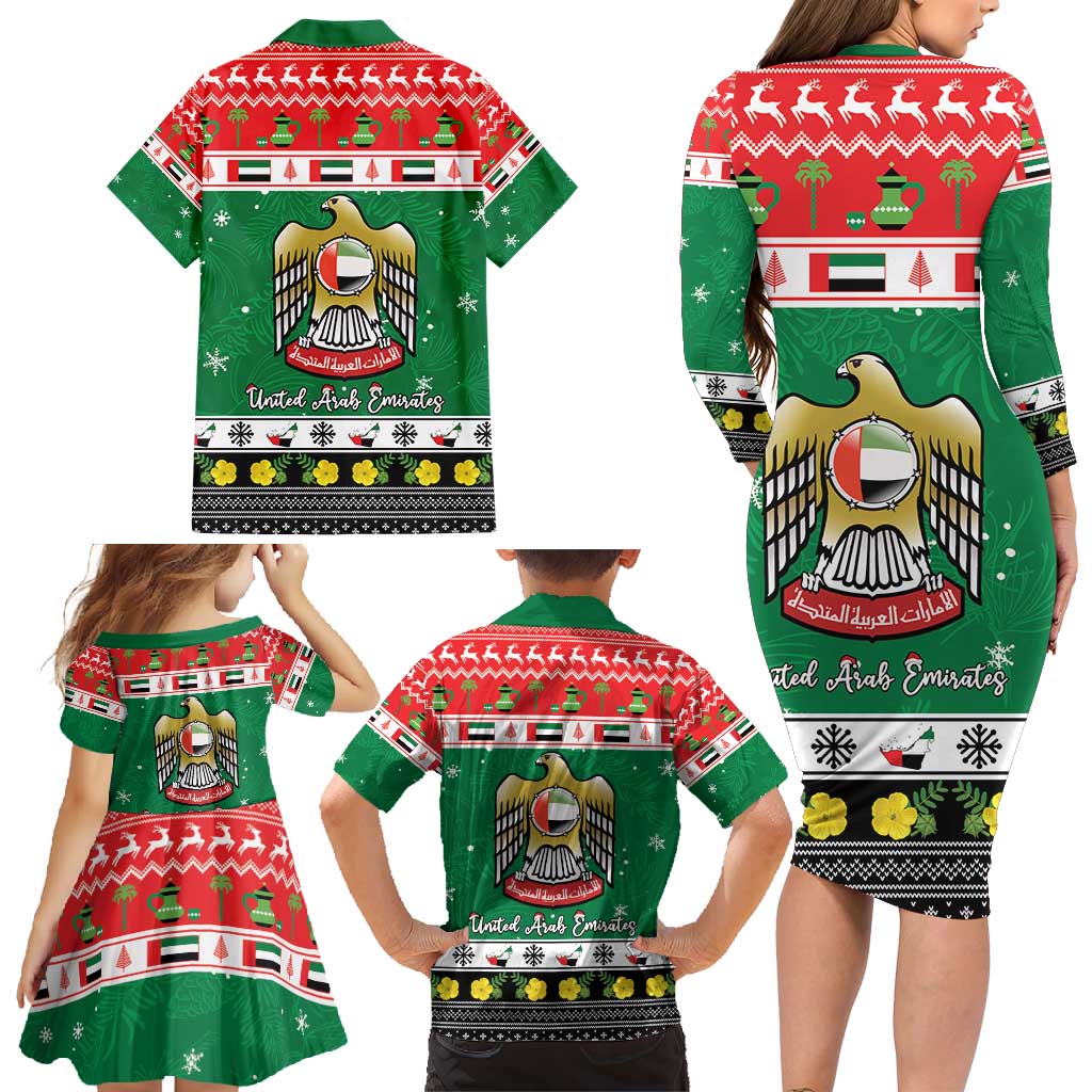 United Arab Emirates Christmas Family Matching Long Sleeve Bodycon Dress and Hawaiian Shirt Coat Of Arms Eid Milad Majid - Wonder Print Shop
