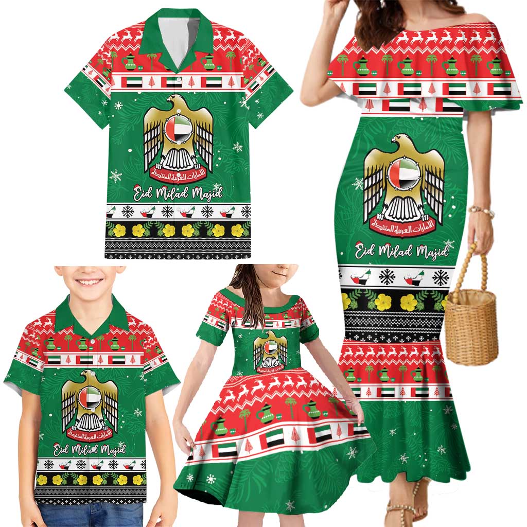 United Arab Emirates Christmas Family Matching Mermaid Dress and Hawaiian Shirt Coat Of Arms Eid Milad Majid - Wonder Print Shop