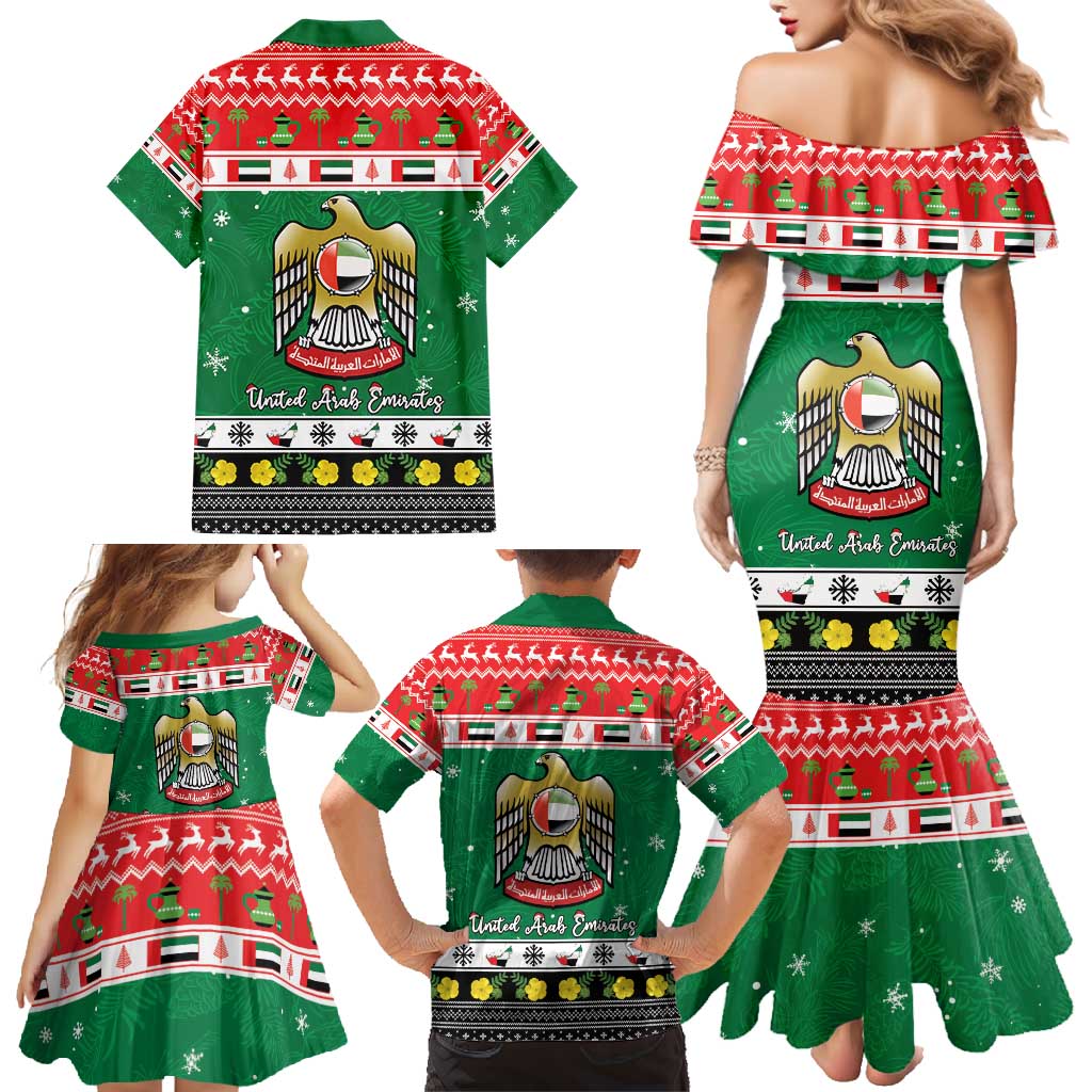 United Arab Emirates Christmas Family Matching Mermaid Dress and Hawaiian Shirt Coat Of Arms Eid Milad Majid - Wonder Print Shop